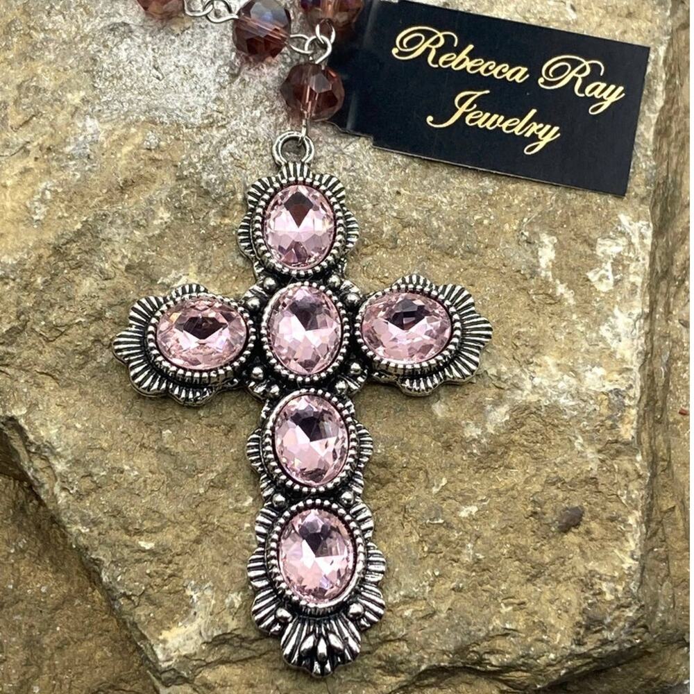 Pink Crystal Cross Charm Necklace | Rosary-Style Crystal Bead Chain | 18"